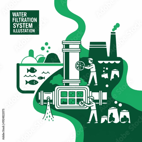 Water Filtration System Illustration with Industrial Process.