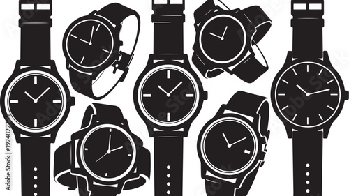Collection of black and white wristwatches on display