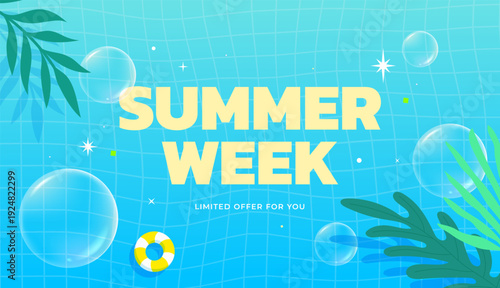 Summer week sale banner with swimming pool water background and tropical leaves