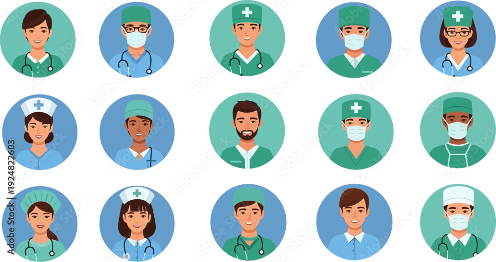 Fototapeta premium Nurse and Surgeon Medical Staff Vector Character Set.eps