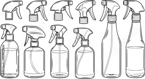 Assorted spray bottles in various shapes and sizes for household cleaning purposes Vector