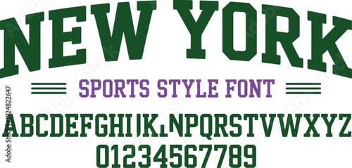 Green and Purple New York Collegiate Sports Style Font with Bold Serif Alphabet and Numbers for Varsity Team Apparel and University Branding