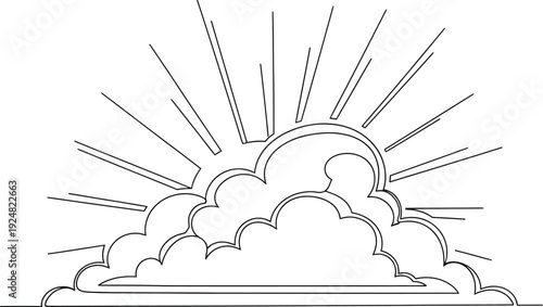 Simple continuous line drawing illustration depicting the sun emerging brightly from behind a stylized horizontal row of fluffy clouds suggesting a new dawn.