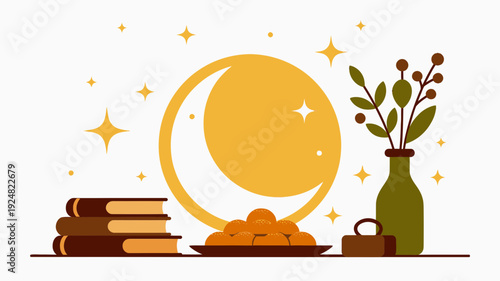 Ramadan kareem decor with crescent moon books and dates on a table with a vase of leaves and a tea pot