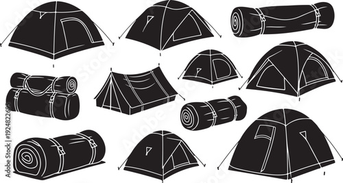 Camping Tents and Sleeping Bags Illustration Set for Outdoor Adventures