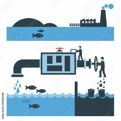 Industrial pollution affecting aquatic life and water quality.