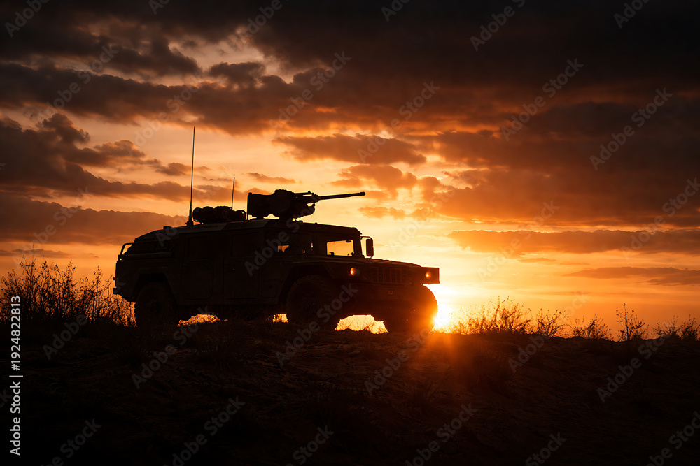 Fototapeta premium A military vehicle silhouetted against a dramatic sunset, evoking a sense of power and readiness. The scene showcases the vehicle's rugged design with a machine gun mounted on top.