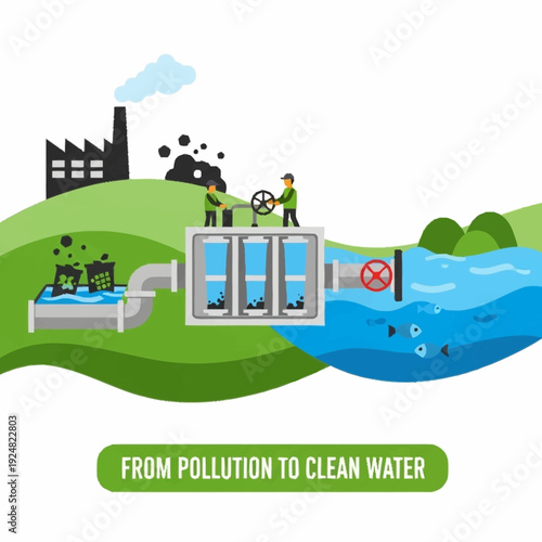 Water Treatment Process Transforming Polluted Water into Clean Water.