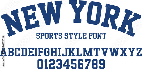 New York Sports Style Font Vector Alphabet and Number Set Featuring Blue Collegiate Block Typography for Athletics and Varsity Team Apparel Design