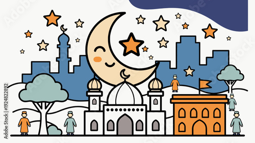 Ramadan nighttime cityscape with smiling crescent moon and mosque architecture