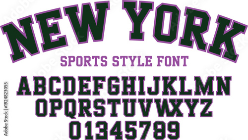 New York Sports Style Font Vector Set Featuring Dark Green Collegiate Block Alphabet and Numbers with Purple Accented Typography for University Branding