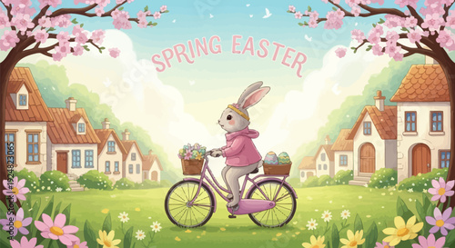 Adorable cartoon bunny in a pink hoodie happily rides a vintage bicycle through a picturesque spring village, delivering beautiful easter eggs and fresh flowers during the joyful holiday.