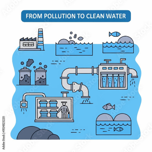 Water Purification Process Illustration Showing Pollution Cleanup.