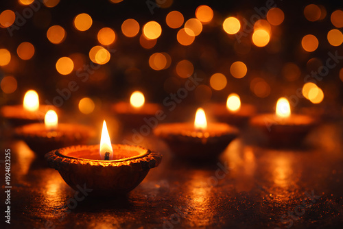 Lit candles create a warm and serene ambiance with blurred background. These glowing flames cast a beautiful light over the scene.