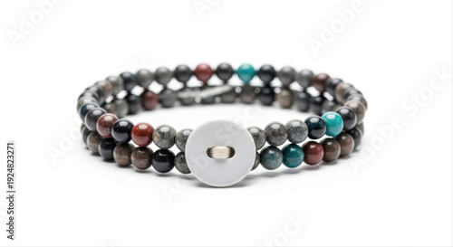 Colorful beaded wrap bracelet with a central white button, beautifully isolated on a clean white background