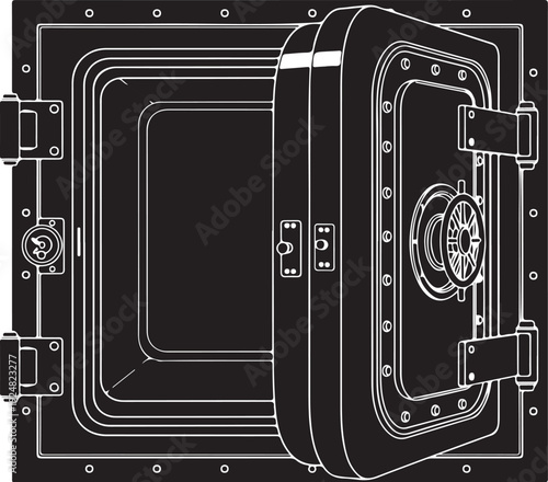 Black safe with open door and combination lock visible