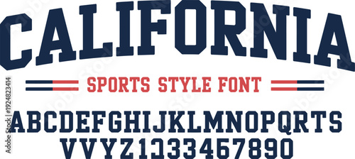 California Sports Style Font Vector Set Featuring Navy Blue Collegiate Block Alphabet and Numbers with Red Accented Typography for University Team Branding