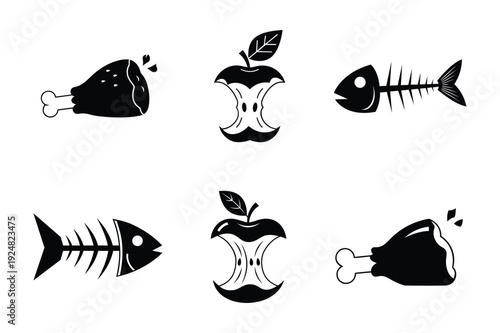 Food waste silhouette icons with bone apple core and fish skeleton
