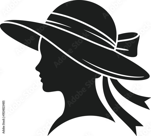 Black silhouette of a woman wearing a wide brimmed Easter bonnet with a bow and ribbons vector