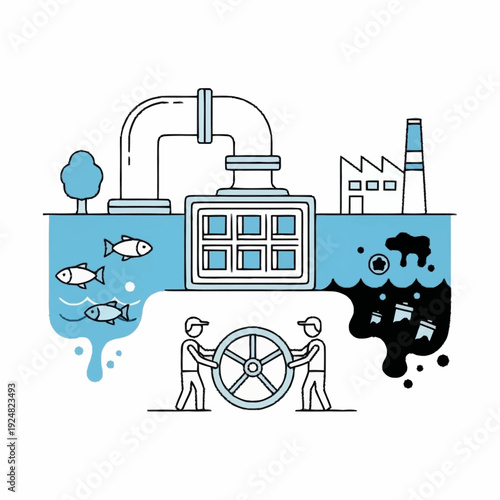 Industrial water pollution and environmental impact illustration.
