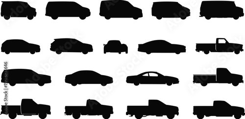 Large collection of vehicle silhouettes including vans, SUVs, sedans, and pickup trucks in profile side view (18 words)