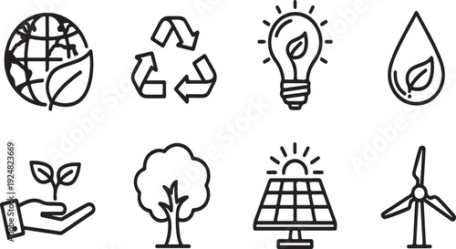 Icons representing various aspects of environmental sustainability and renewable energy Vector