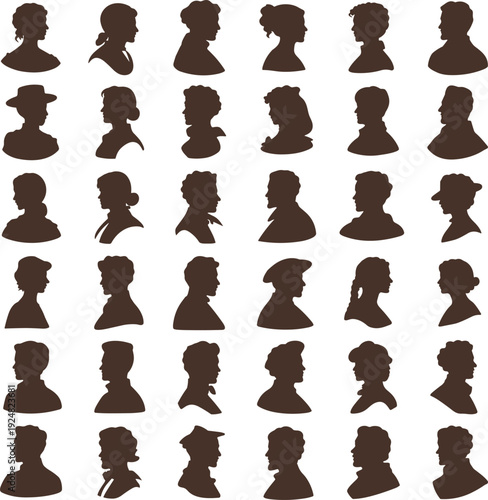 Large collection of vintage profile silhouettes, Victorian style male and female portrait headshots on white background (18 words)