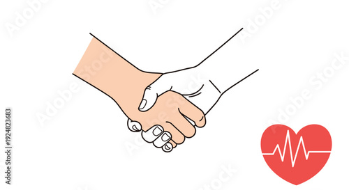 Hands clasped in a supportive handshake next to a red heart icon featuring a white pulse line for health and unity.