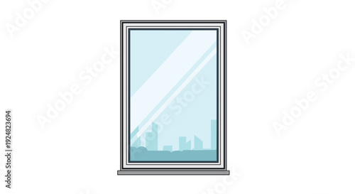 Modern silver window frame provides a clear view of a minimalist urban cityscape with skyscraper silhouettes in light blue.