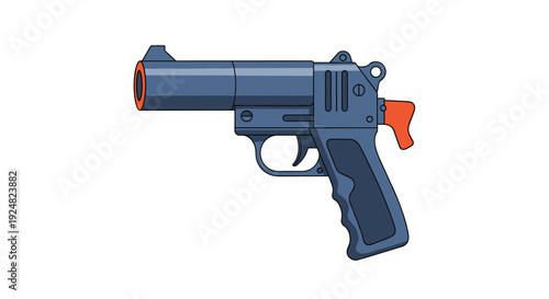 Handheld blue signal flare gun with orange safety details used for emergency maritime or wilderness distress calls.