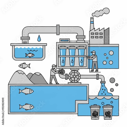 Industrial Water Treatment Process with Fish and Pollution.