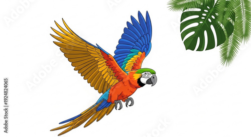 Vibrant macaw parrot in flight with tropical leaves on white background