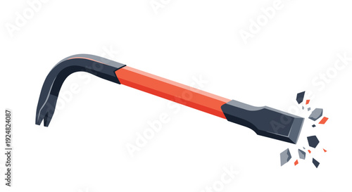 Heavy duty red and black crowbar being used to break stone or concrete with debris flying out from the impact.