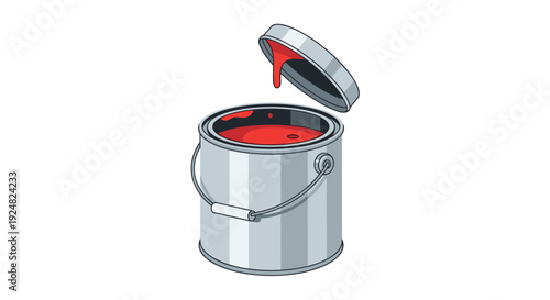 Open metal paint can filled with bright red paint and a lid dripping with a small splash of liquid on top.