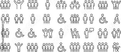 Large set of people line icons including groups, families, accessibility wheelchair symbols, and public information signs