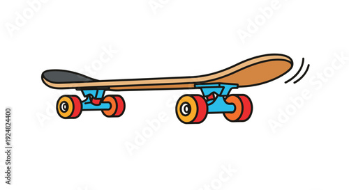 Wooden skateboard with orange wheels and blue trucks shown from a side view in a clean illustrative style for sports design.