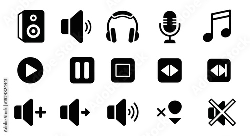 Audio and Music Icons Set: Speaker, Volume, Headphones, Mic, Notes, Play, Pause
