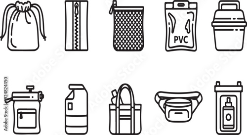 A collection of various bags and containers for carrying items. Vector