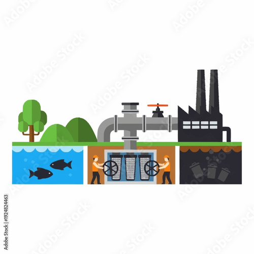 Water Pollution Process from River to Factory.
