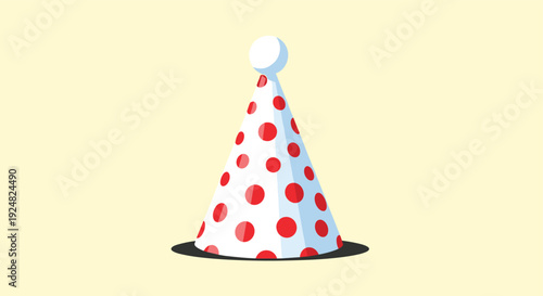 White conical party hat decorated with red polka dots and a white pompom on top for celebrations and birthdays.