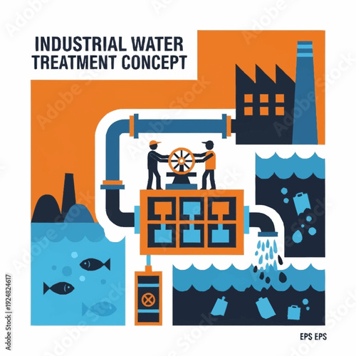 Industrial Water Treatment Process Illustration with Pollution and Purification.
