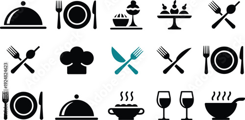 Restaurant and Dining Vector Icon Set Featuring Black Food Service Symbols with Teal Accent Cutlery for Culinary Branding and Modern Menu Design