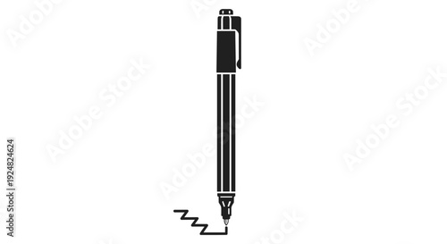Simple black ballpoint pen drawing a dark zigzag line on a white background as a symbol for writing and artistic creativity.