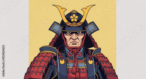Samurai warrior in traditional armor with red and blue plate mail and golden accents on yellow background
