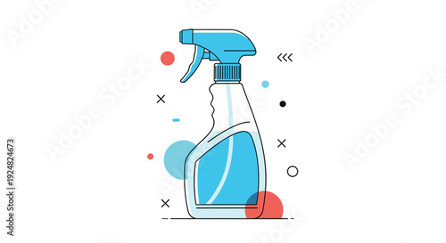 Blue and white plastic spray bottle for household cleaning products against a decorative graphic background.