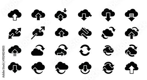 Cloud Computing Icons: Upload, Download, Sync, Storage, Data Transfer