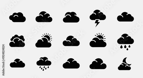 Cloud Icons Set: Weather, Sun, Rain, Lightning, Moon - Black and White