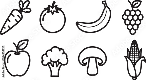Assorted fruits and vegetables illustrated in a simple black and white line drawing Vector