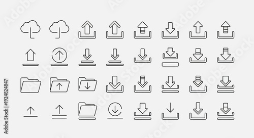 Cloud Storage Icons: Upload, Download, Folder Icons - Hand Drawn Style