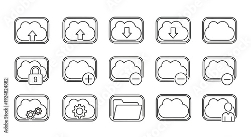 Cloud Storage Icons Set: Upload, Download, Lock, Add, Settings, Folder, User